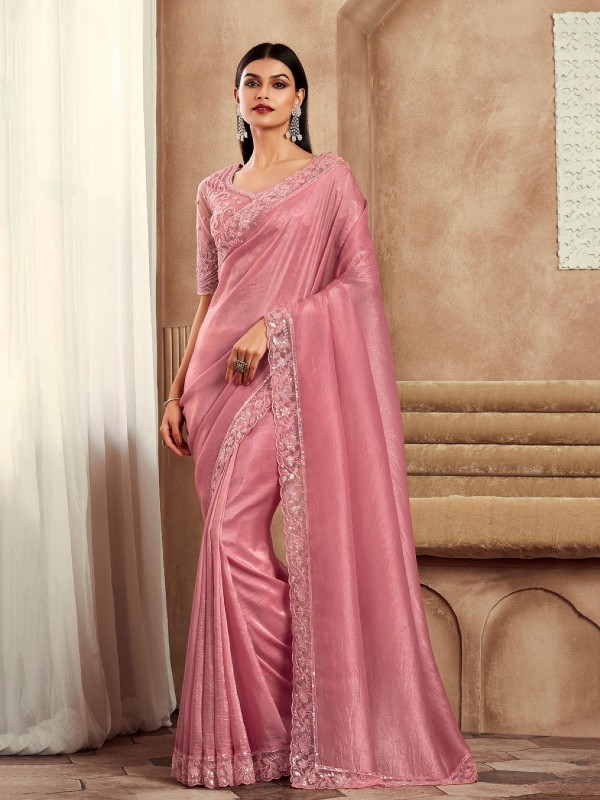 Hot Pink Shiny Silk Party Wear Saree